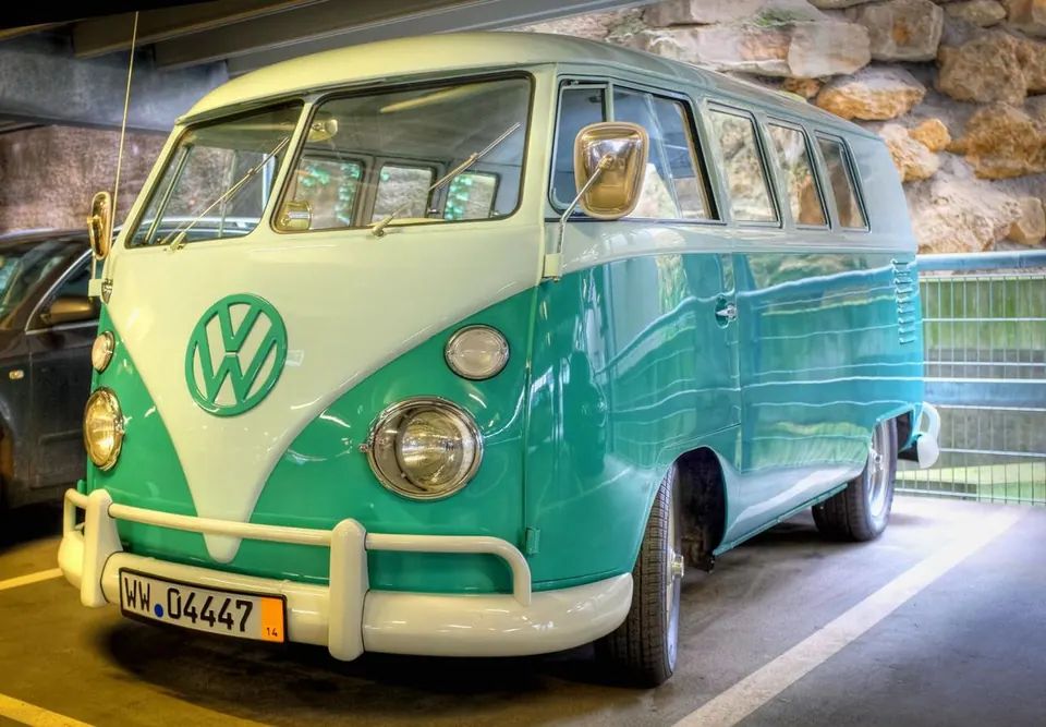 Classic two-tone green and white Volkswagen bus